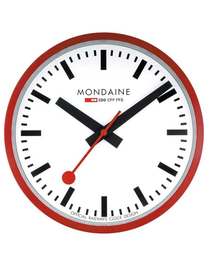 Mondaine 40cm Wall Clock - Red Case - Dust Resistant - Battery or Electric