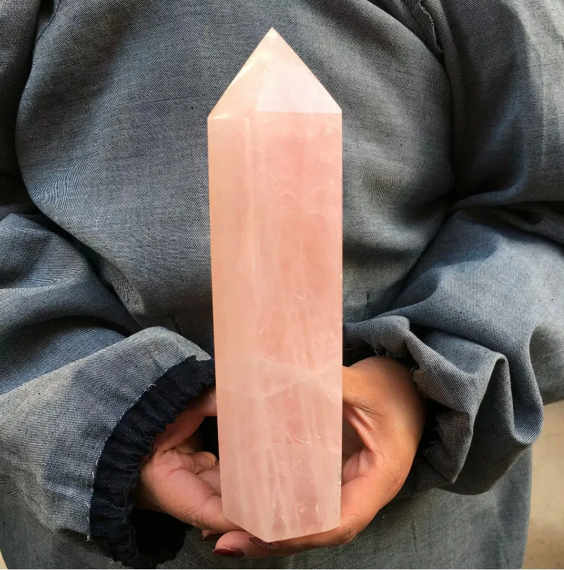 Natural  pink rose quartz gemstone crystal tower point obelisk