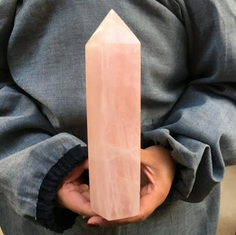 Natural  pink rose quartz gemstone crystal tower point obelisk