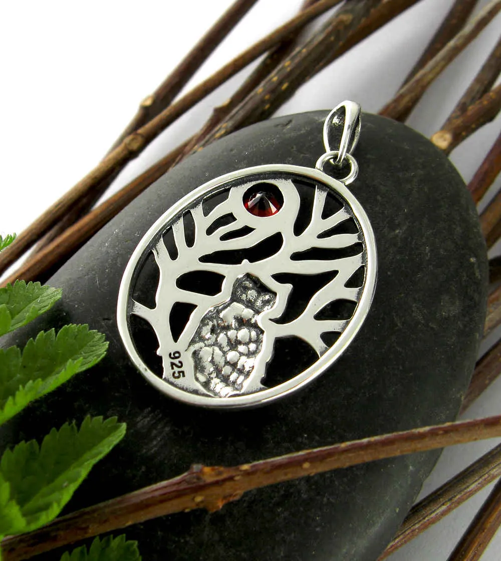 Owl In Tree Pendant With Red Crystal Moon