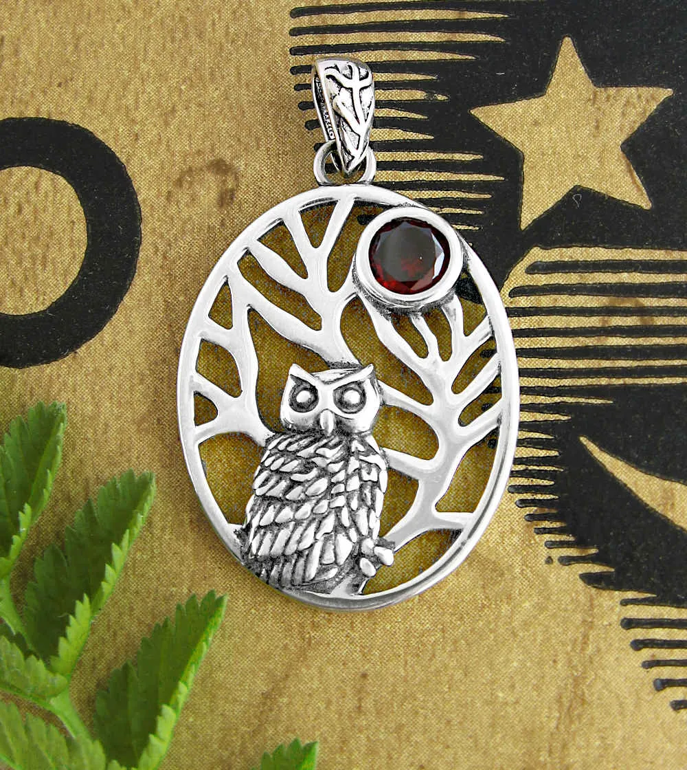 Owl In Tree Pendant With Red Crystal Moon