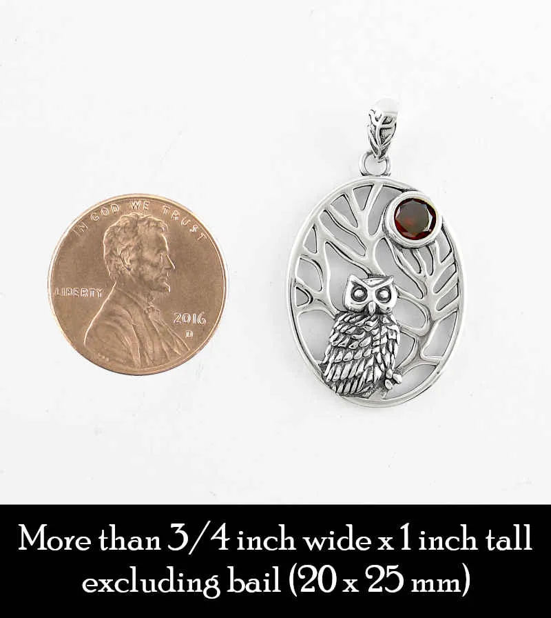 Owl In Tree Pendant With Red Crystal Moon