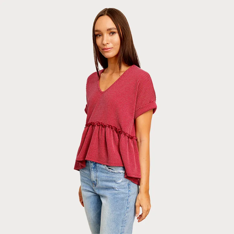 Short Sleeve Ribbed V-Neck Babydoll Top