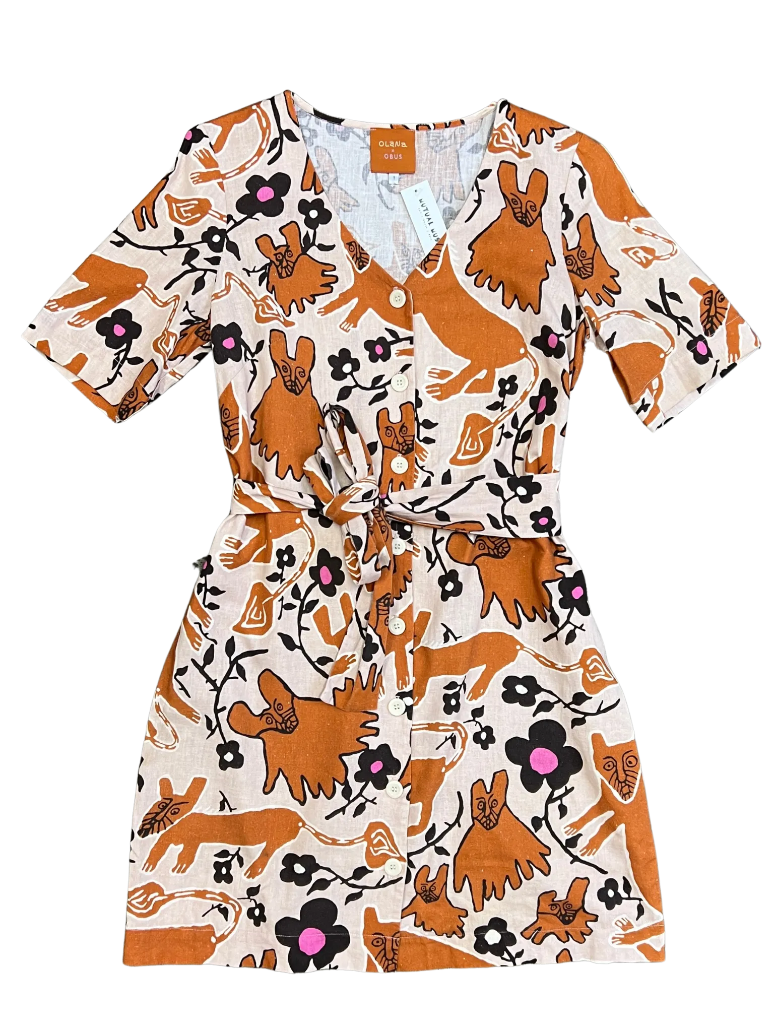 Size 8 - Obus x Olana Tan Animal Print Dress