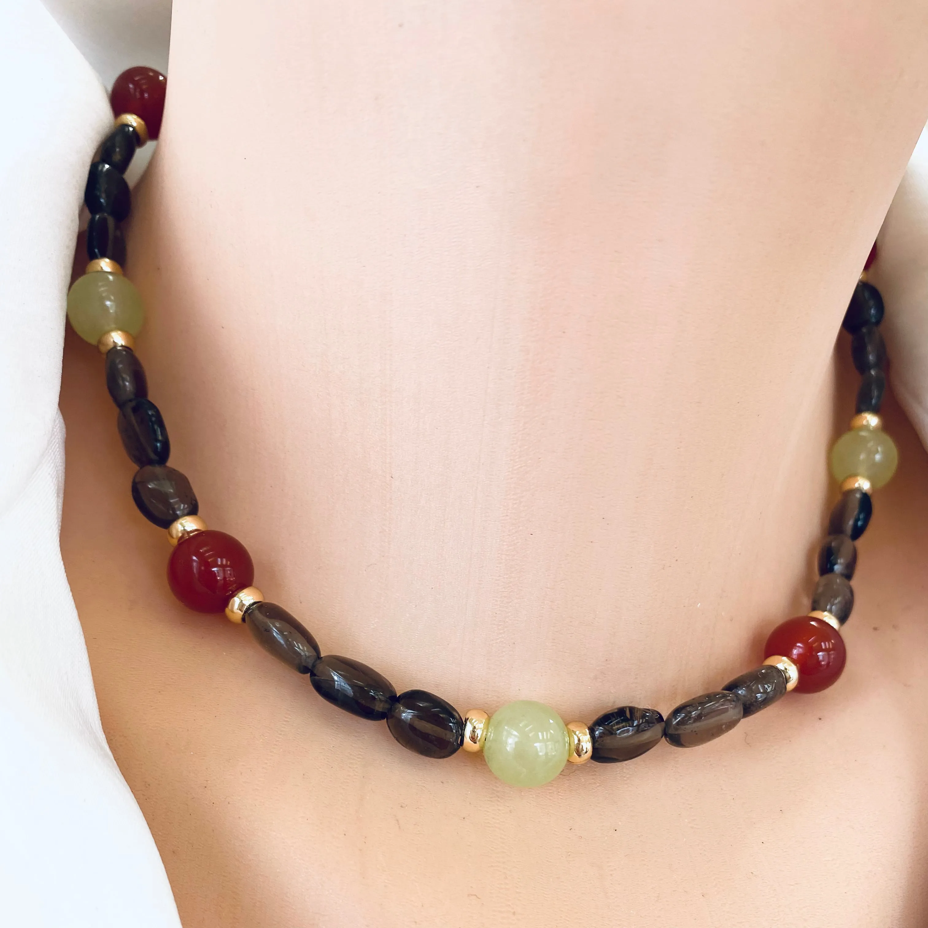 Smoky Quartz Bonbons Choker Necklace w Green Jade & Carnelian Accent Beads, Gold Plated, 15.5in