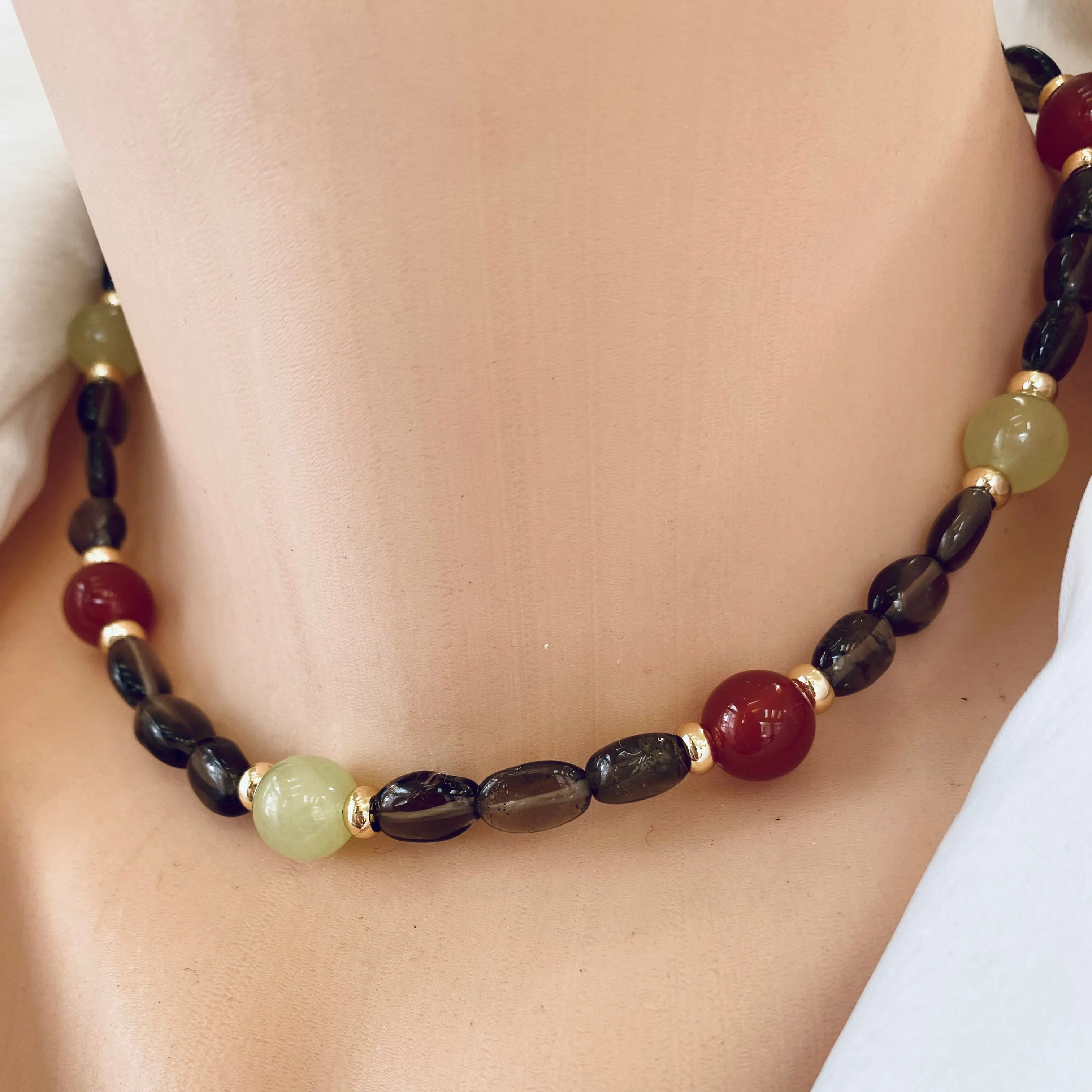 Smoky Quartz Bonbons Choker Necklace w Green Jade & Carnelian Accent Beads, Gold Plated, 15.5in