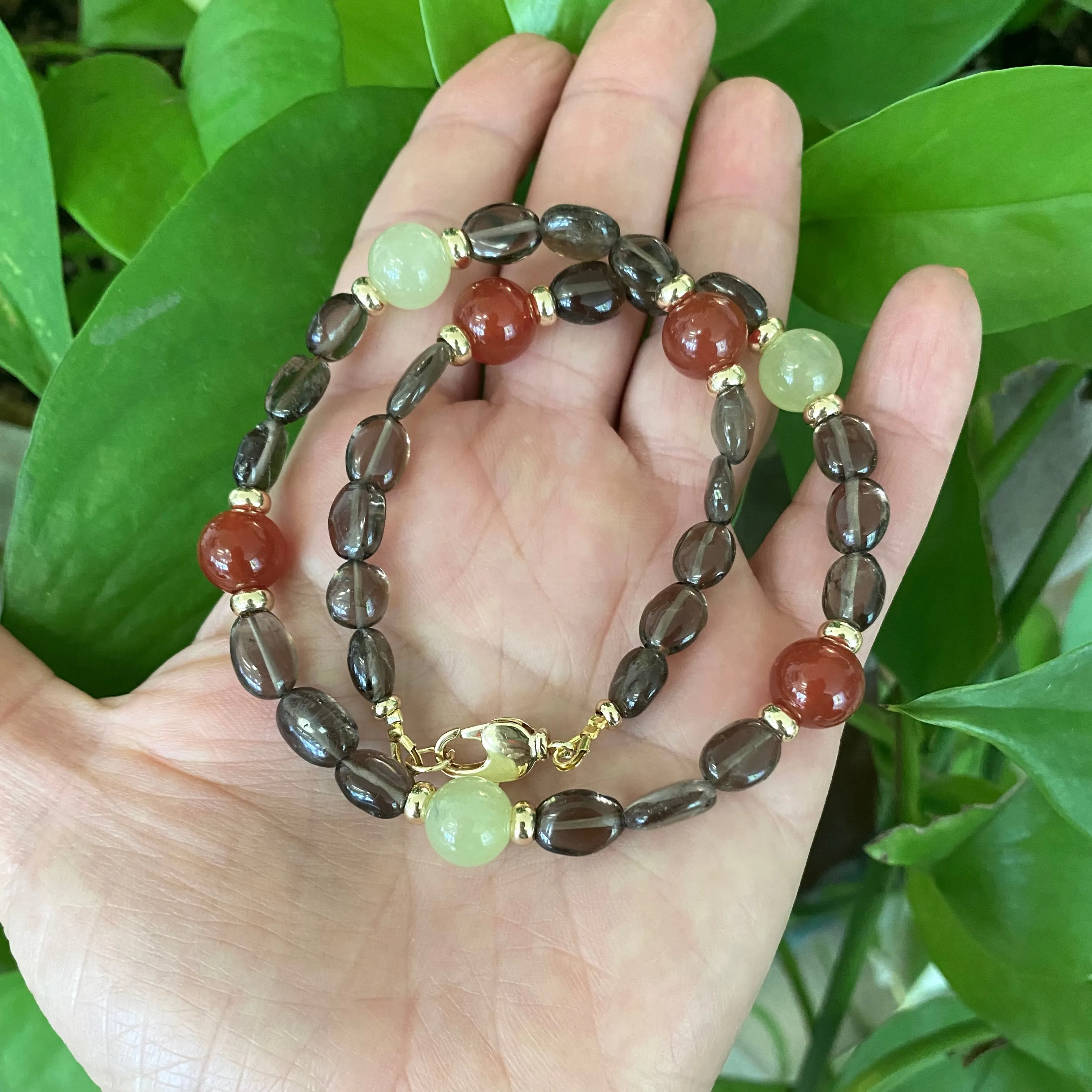 Smoky Quartz Bonbons Choker Necklace w Green Jade & Carnelian Accent Beads, Gold Plated, 15.5in