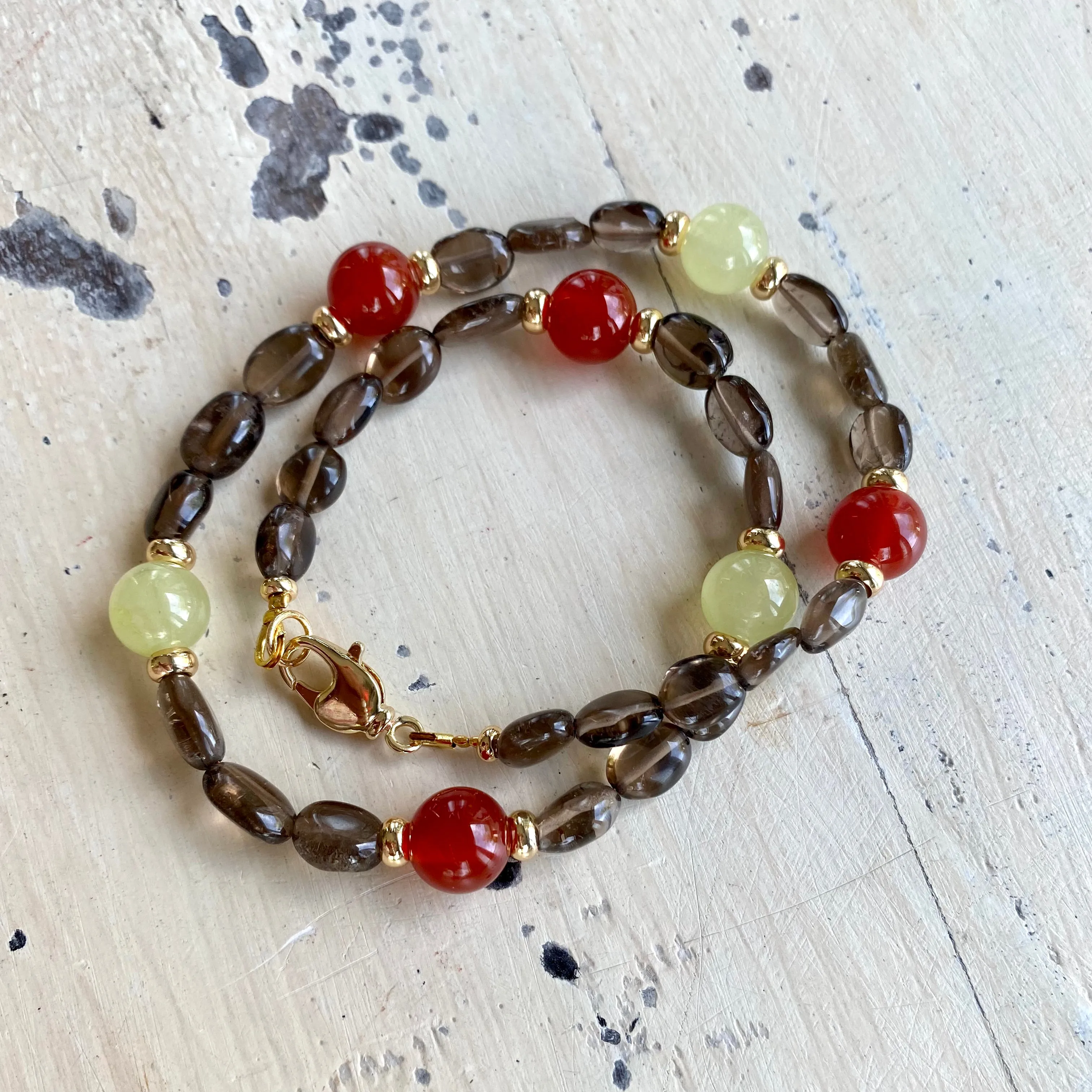 Smoky Quartz Bonbons Choker Necklace w Green Jade & Carnelian Accent Beads, Gold Plated, 15.5in