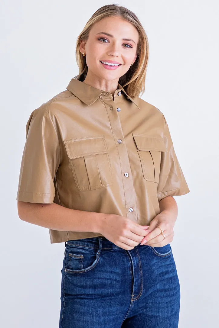 Tan Faux Leather Camp Shirt