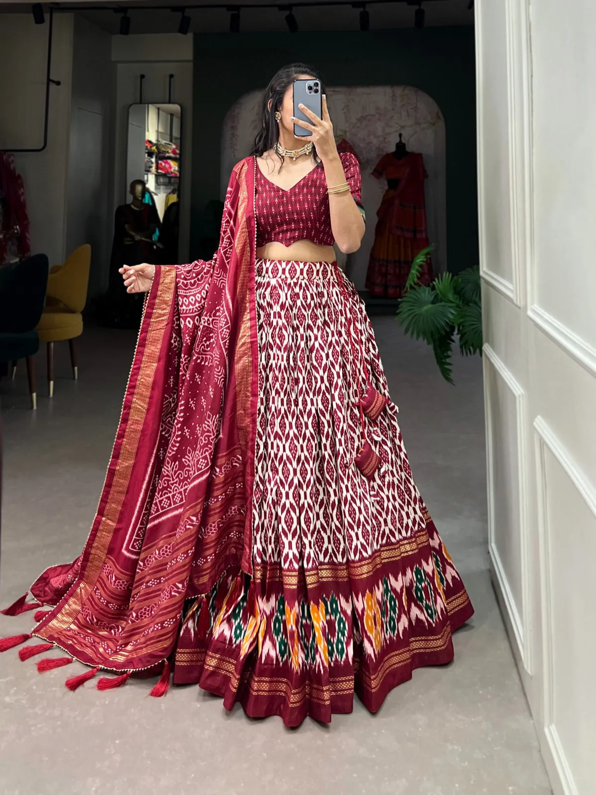 Tussar Silk Lehenga Choli with Ikkat Print And Foil Work