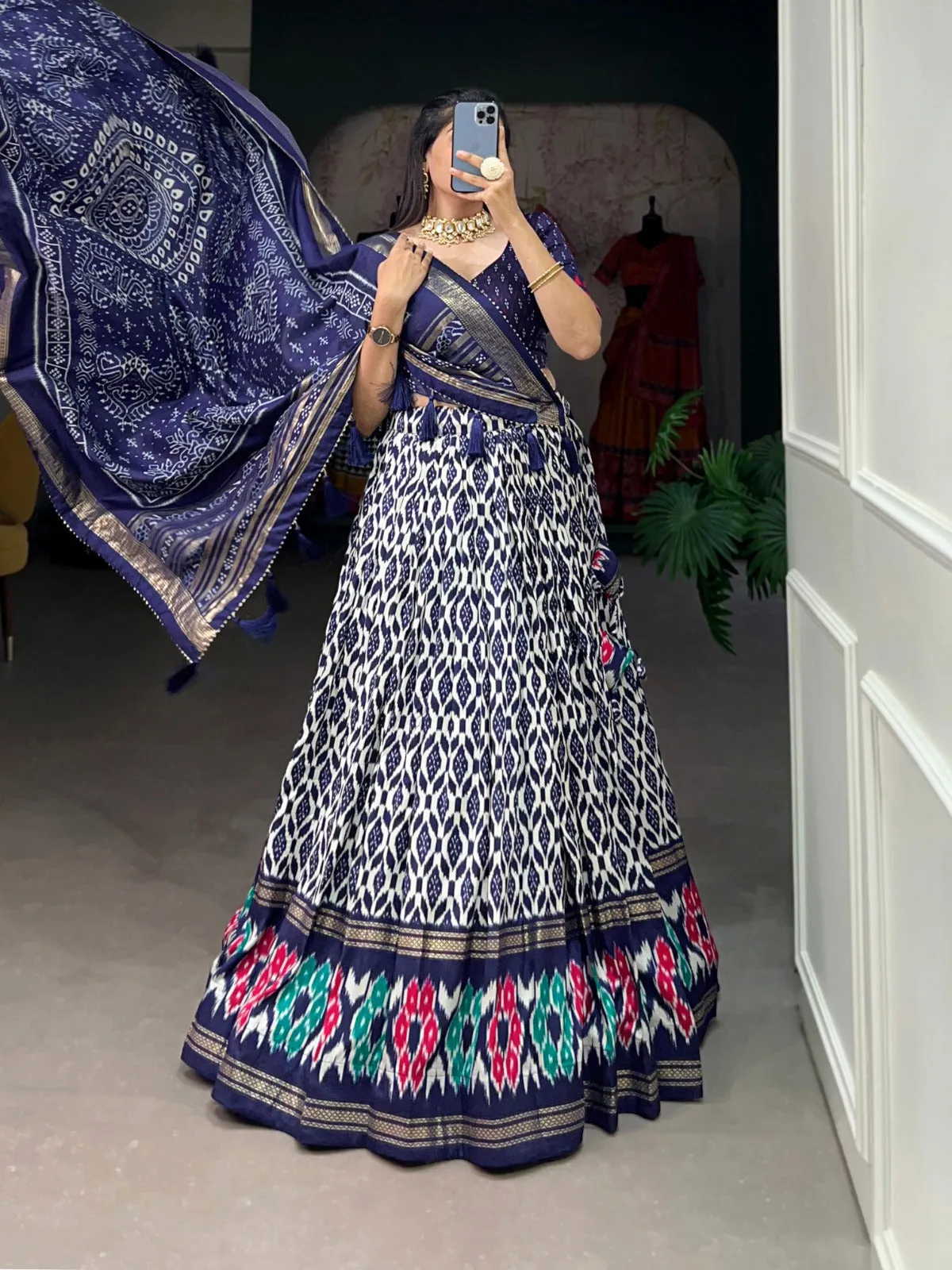 Tussar Silk Lehenga Choli with Ikkat Print And Foil Work