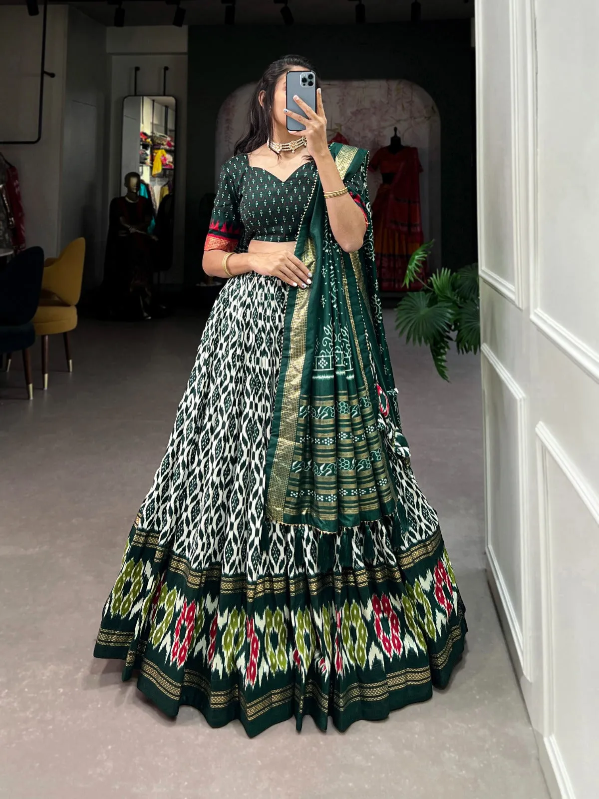 Tussar Silk Lehenga Choli with Ikkat Print And Foil Work