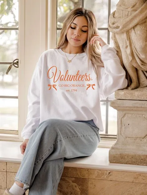 Vols Established Bows White Corded Crew Sweatshirt